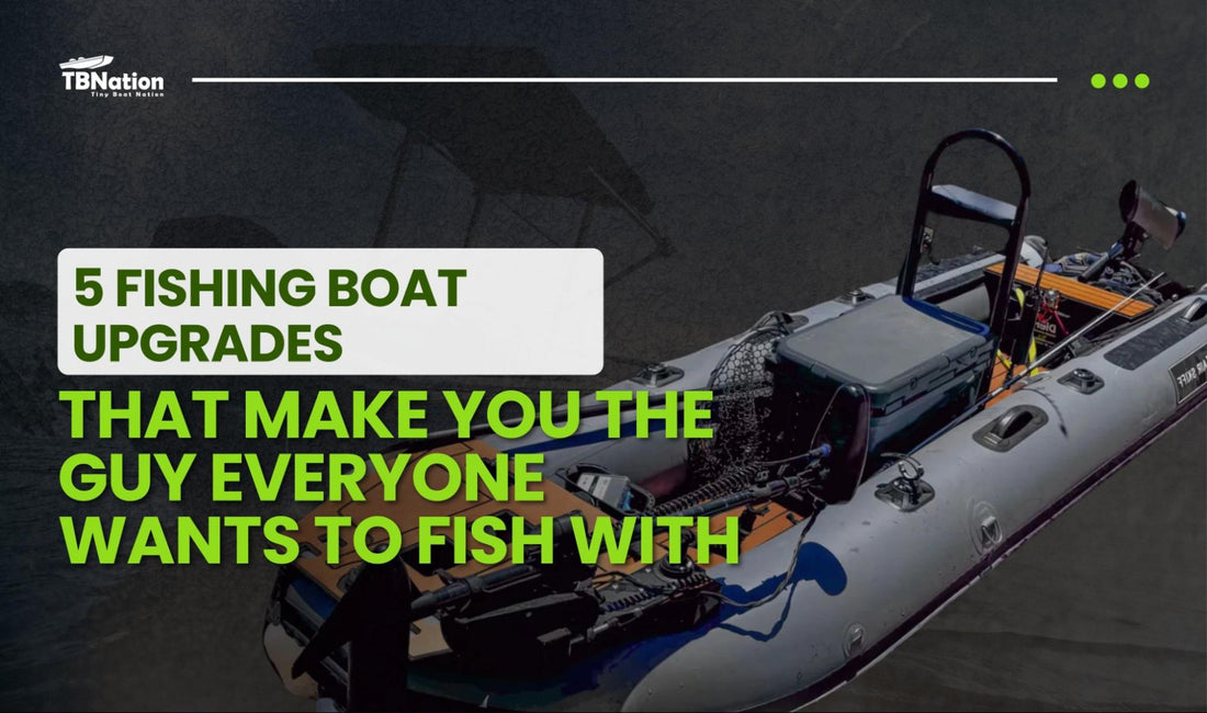 Top 5 fishing boat upgrades including double graph mount, rod holder, retractable tie-downs, cup holder, and corner caddy to improve comfort, safety, and efficiency on the water.