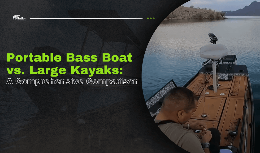 Portable bass boat deck on calm lake comparing bass boat vs large fishing kayak setup.