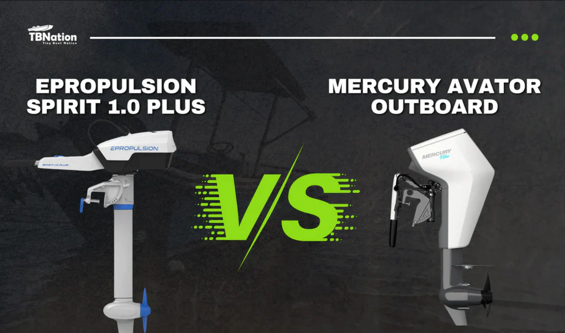 An image comparing the Mercury Avator and EPropulsion Spirit 1.0 Plus electric outboard motors. The text 'Mercury Avator vs EPropulsion Spirit 1.0 Plus' is displayed in bold green and white letters, with 'ELECTRIC OUTBOARDS' in gray at the bottom.