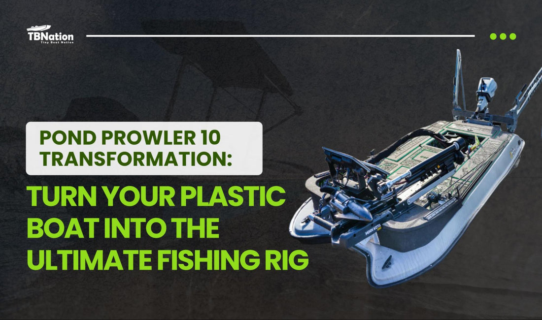 A customized Pond Prowler 10 fishing boat with aluminum framing, mounted trolling motor, rod lockers, and foam decking, docked by the water and fully rigged for angling.