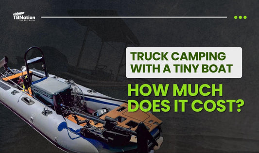 Truck camping setup with a Tiny Boat by a serene lake, illustrating an affordable outdoor adventure and off-grid lifestyle.