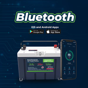 White and gray EPOCH 12V 120AH LiFePO4 battery with red and black terminals, next to a smartphone displaying its Bluetooth app.