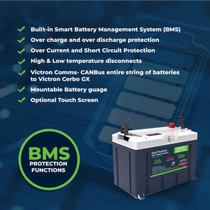 Dark gray and white EPOCH 12V 120AH LiFePO4 dual-purpose battery with red and black terminals.