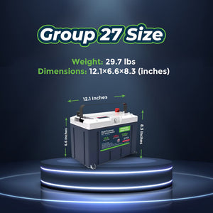 Dark gray Group 27 LiFePO4 battery with white top, red/black terminals, and green label, showing dimensions.