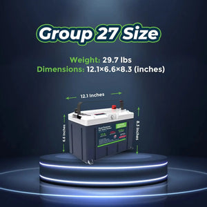 Dark gray Group 27 LiFePO4 battery with white top, red/black terminals, and green label, showing dimensions.