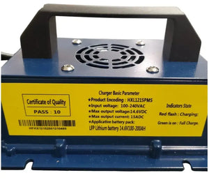 Blue 12V 15A LiFePO4 battery charger with black handle, fan, and yellow label detailing specifications.