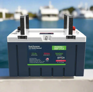 Dark gray and white 12V 300Ah Epoch Pro LiFePO4 battery with red and black terminals.