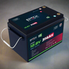 Black Epoch Eco Series 12V 314Ah LiFePO4 lithium battery with white cables and green/red labels.