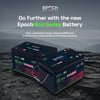 Two dark gray Epoch Eco Series LiFePO4 batteries, 100Ah and 314Ah, with green and red accents.