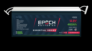 Black Epoch Essential Series 12V 460Ah LiFePO4 lithium battery with green and white labels, showing features like Bluetooth and self-heating.