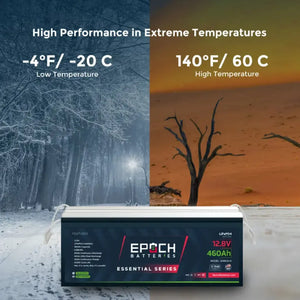 Epoch Batteries 12V 460Ah LiFePO4 lithium battery with heating and Bluetooth, shown against cold and hot climate backgrounds.