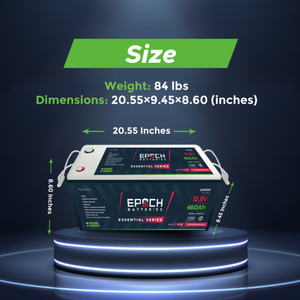 White and black EPOCH ESSENTIAL SERIES 12.8V 460Ah LiFePO4 lithium battery with dimensions 20.55x9.45x8.60 inches.