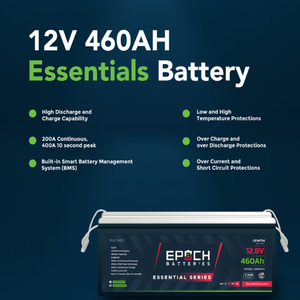 Black Epoch 12V 460Ah LiFePO4 lithium battery with white handles, showing key features and specifications.