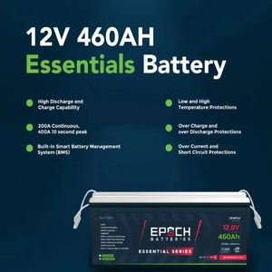 Black Epoch 12V 460Ah LiFePO4 lithium battery with white handles, showing key features and specifications.