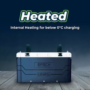 Dark blue EPOCH LiFePO4 battery with white top, black handles, and "Heated" text for below 0°C charging.
