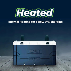 Dark blue EPOCH LiFePO4 battery with white top, black handles, and "Heated" text for below 0°C charging.