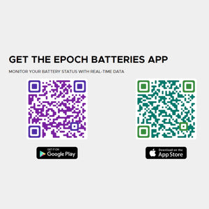Two QR codes, purple for Google Play and green for App Store, for the EPOCH Batteries app.