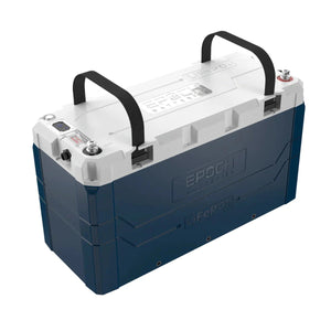 Blue and white EPOCH V2 Elite Series 12V 460Ah LiFePO4 battery with black carrying straps.