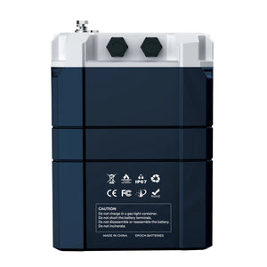Dark blue and white 12V 460Ah EPOCH V2 Elite LiFePO4 battery with IP67 rating and safety labels.