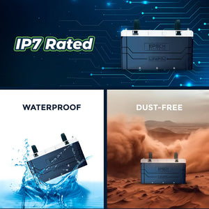 Dark blue EPOCH LiFePO4 battery with white top, shown as IP67 rated, waterproof, and dust-free.