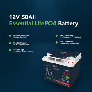 Black and white 12V 50AH Epoch Essentials LiFePO4 battery with red and green accents, featuring top terminals.