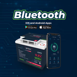 Epoch Essentials 12V 50AH LiFePO4 battery with red terminals, shown next to a smartphone displaying its Bluetooth app.