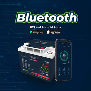 Epoch Essentials 12V 50AH LiFePO4 battery with red terminals, shown next to a smartphone displaying its Bluetooth app.