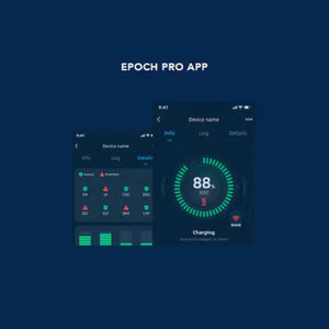Epoch Pro App interface on two smartphones displaying battery status and protection features.
