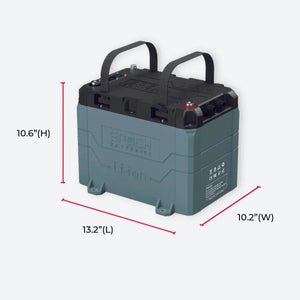 Gray Epoch 12V 50AH LiFePO4 marine battery with black top, carry handles, and dimensions shown.