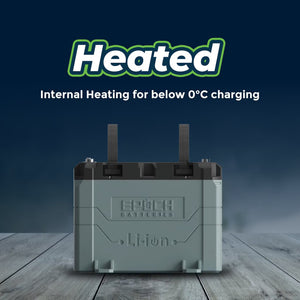 Gray Epoch 12V 50AH Li-ion marine battery with black top and straps, on a wooden surface.