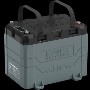 Gray and black Epoch 12V 50AH LiFePO4 marine battery with handles and Bluetooth display.