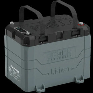 Gray and black Epoch 12V 50AH LiFePO4 marine battery with handles and Bluetooth display.