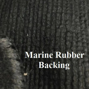 Close-up of black marine rubber backing for 16 oz. cut pile boat carpet.