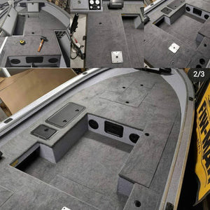 Gray 20 oz. cut pile marine grade boat carpet installed in a bass boat, showing its soft, seamless finish.