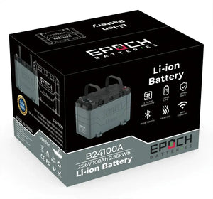 Gray Epoch 24V 100AH Li-ion marine battery with handles, shown in its black and white product box.