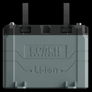 Gray and black Epoch 24V 100AH Li-ion marine battery with black carrying straps and terminals.