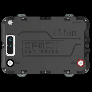 Top-down view of a dark gray Epoch Li-Ion marine battery with Bluetooth, power button, and terminals.