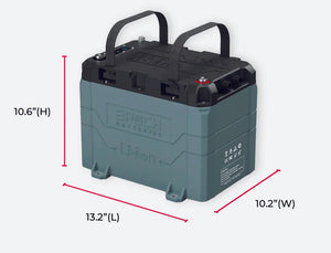 Epoch 24V 100AH marine lithium battery in teal and black with dimensions 13.2"L x 10.2"W x 10.6"H.