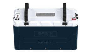 White and dark blue EPOCH LiFePO4 battery with black carrying straps, red and black terminals, and a display.