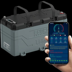 Gray Epoch 36V 100AH marine lithium battery with black handles and a phone displaying its Bluetooth app.