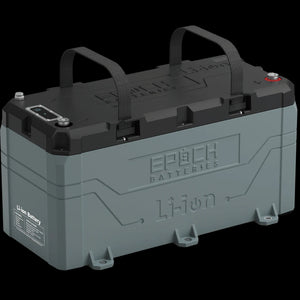 Gray and black Epoch 36V 100AH Li-ion marine battery with black carrying straps and red terminal.