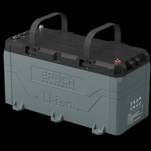 Epoch 36V 100AH marine lithium battery, gray and black, with carry handles and Li-ion branding.