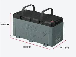 Gray and black Epoch 36V 100AH LiFePO4 marine battery with handles and dimensions.
