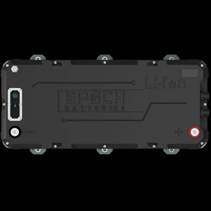 Black Epoch 36V 100AH marine lithium battery with Bluetooth, heating, and Li-ion branding.