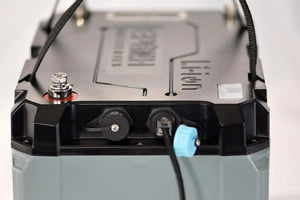 Gray and black Epoch 36V 100AH marine lithium battery with top terminals and charging port.