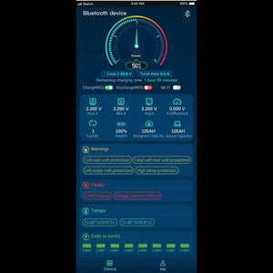 Epoch 48V 50AH LiFePO4 battery app screen showing power, voltage, capacity, warnings, and cell temps.
