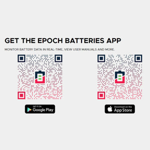 Two QR codes for the Epoch Batteries app, with Google Play and App Store download buttons.