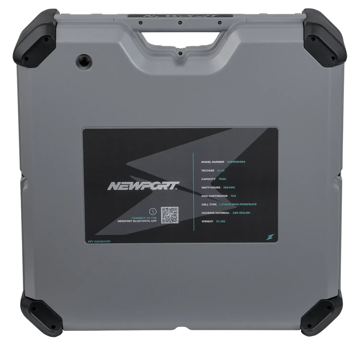 Gray Newport 48V 70Ah LoPRO Lithium LiFePo4 battery with black corner bumpers and handle.
