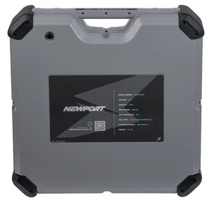 Gray Newport 48V 70Ah LoPRO Lithium LiFePo4 battery with black corner bumpers and handle.