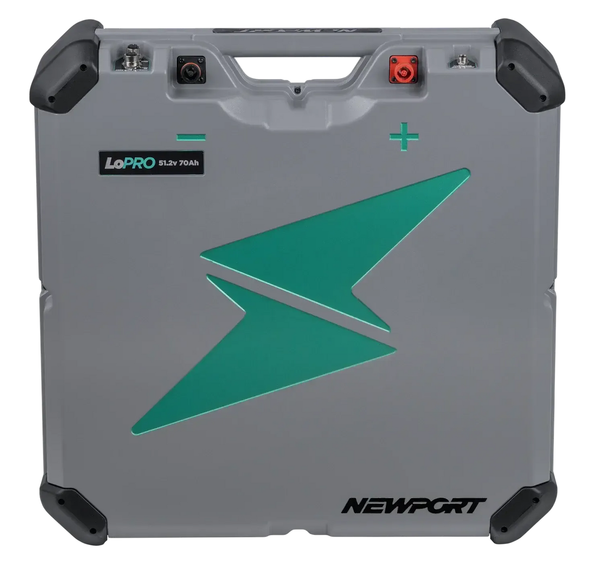 Gray Newport LoPRO 51.2V 70Ah lithium battery with green lightning bolt logo and red/black connectors.
